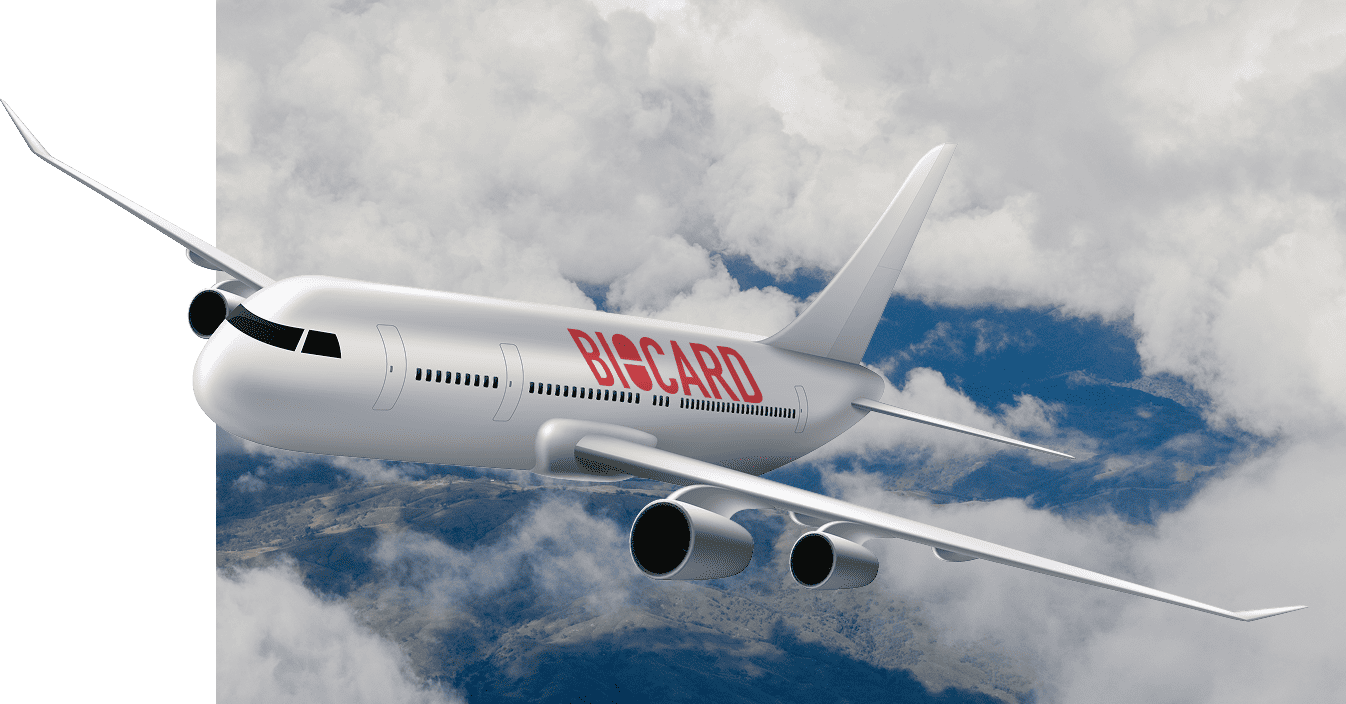 Самолет Biocard с медицинским грузом на борту в небесах. Biocard - авиаперевозки грузов с температурным режимом по РФ, миру